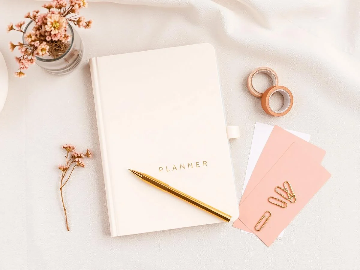Caderno aberto com checklist para planejamento de festa