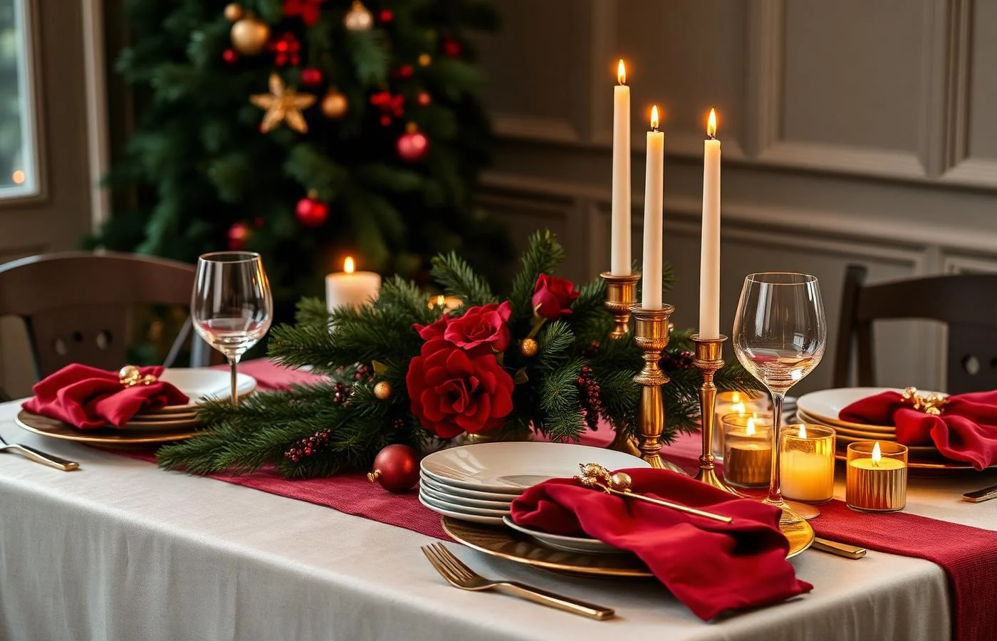 Mesa de Natal decorada com velas, pinheiros e detalhes em vermelho e dourado