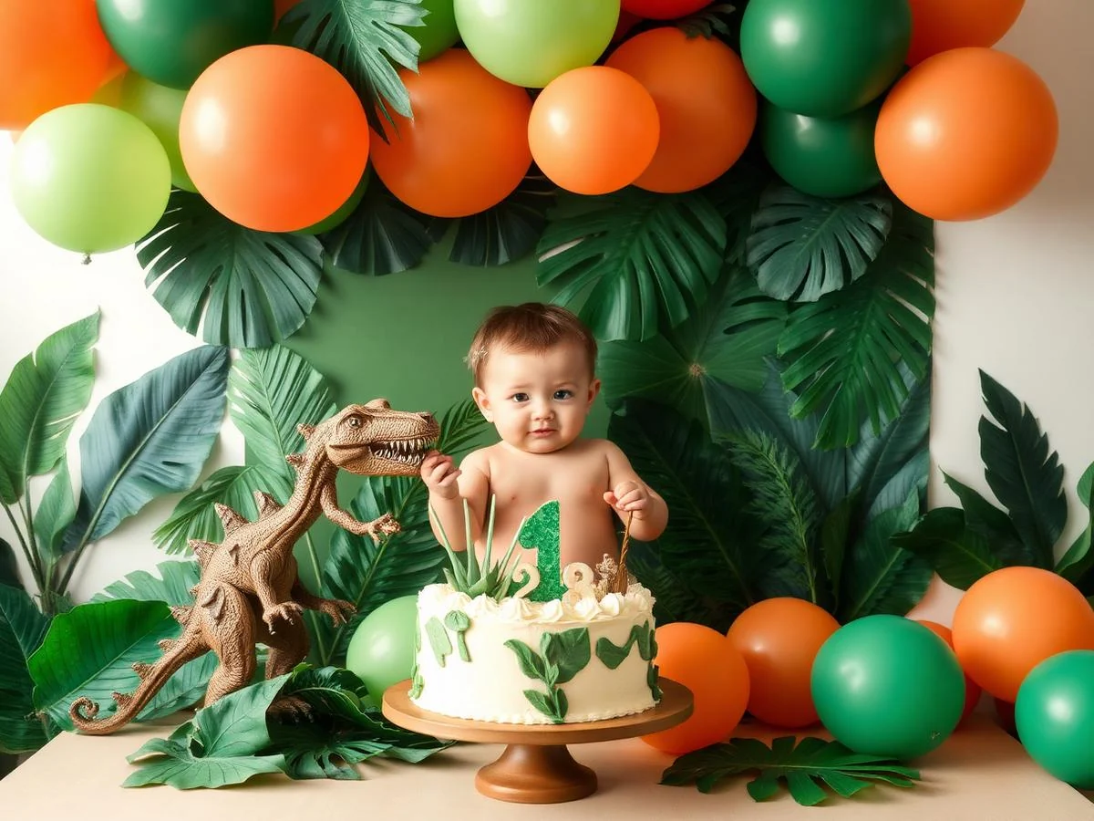 Decoração de festa Dinossauro com vegetação e mesa de doces