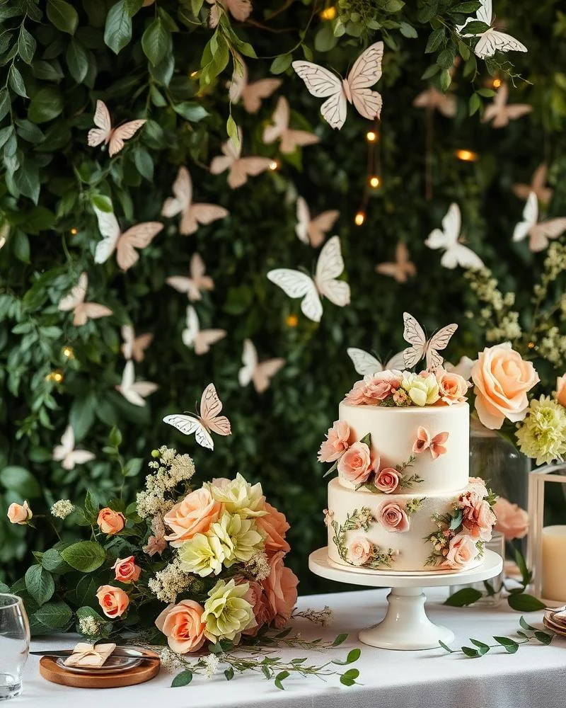 Decoração de festa Jardim Encantado com flores, folhagens e borboletas