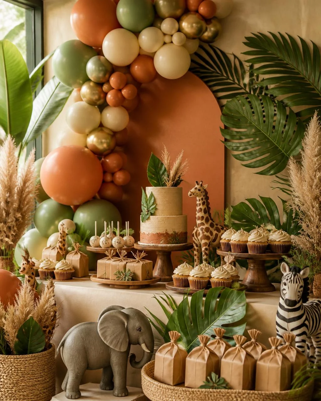 Decoração de festa Safari com balões, folhagens e animais decorativos